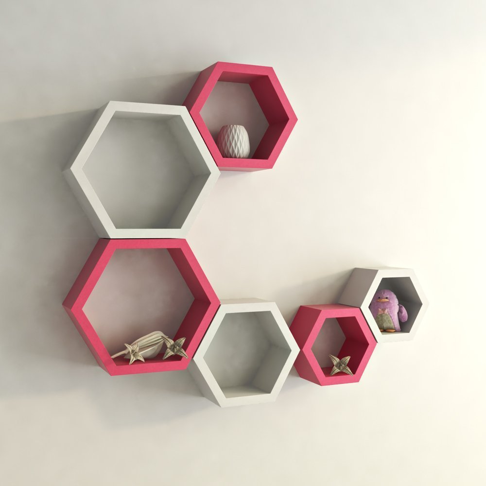 Set Of 6 Hexagon Wall Shelves for Storage & Display – Pink & White