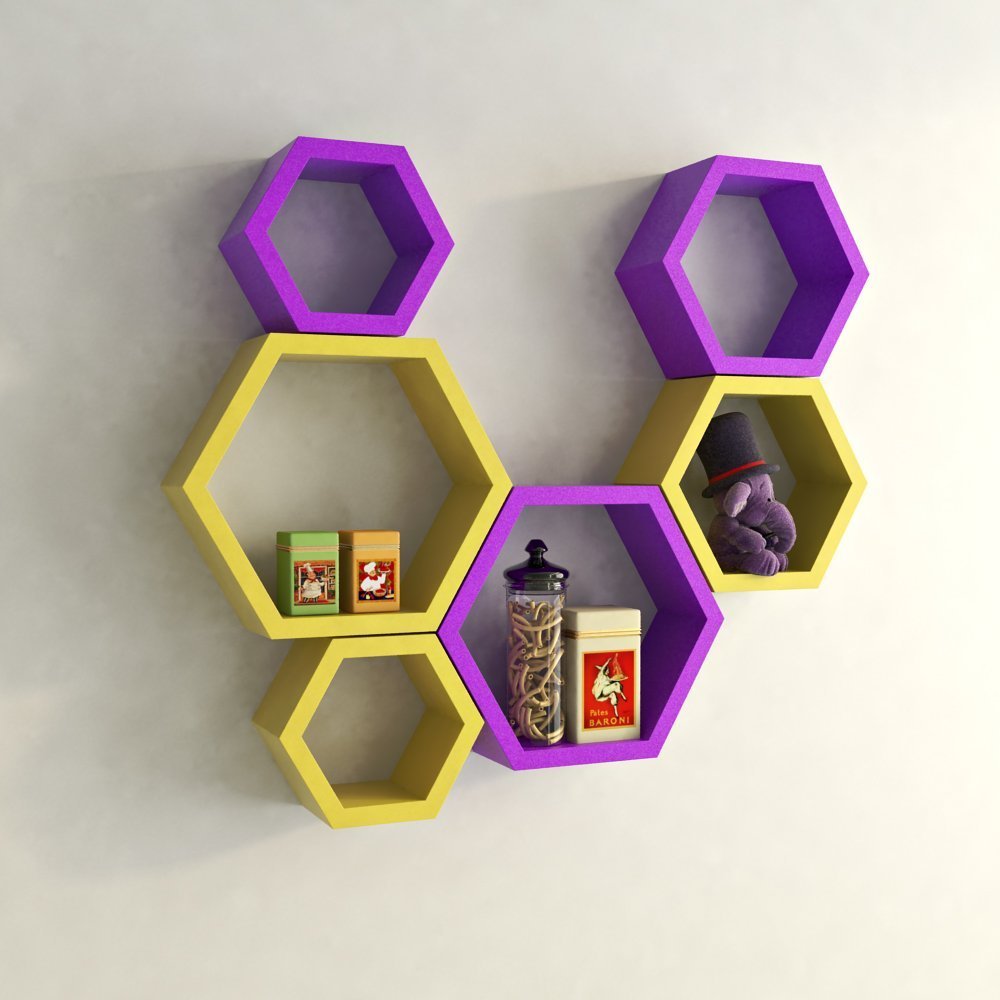 Set Of 6 Hexagon Wall Shelves for Storage & Display – Yellow & Purple