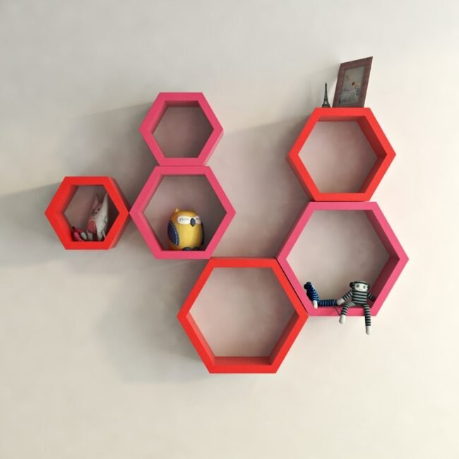 decorativred pink hexagon wall shelves for living room