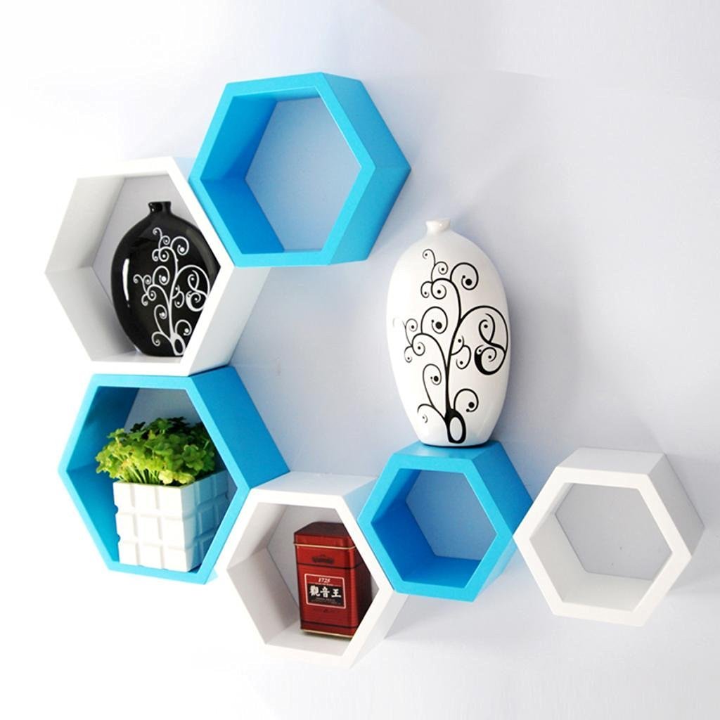 Set Of 6 Hexagon Wall Shelves for Storage & Display – Sky Blue & White