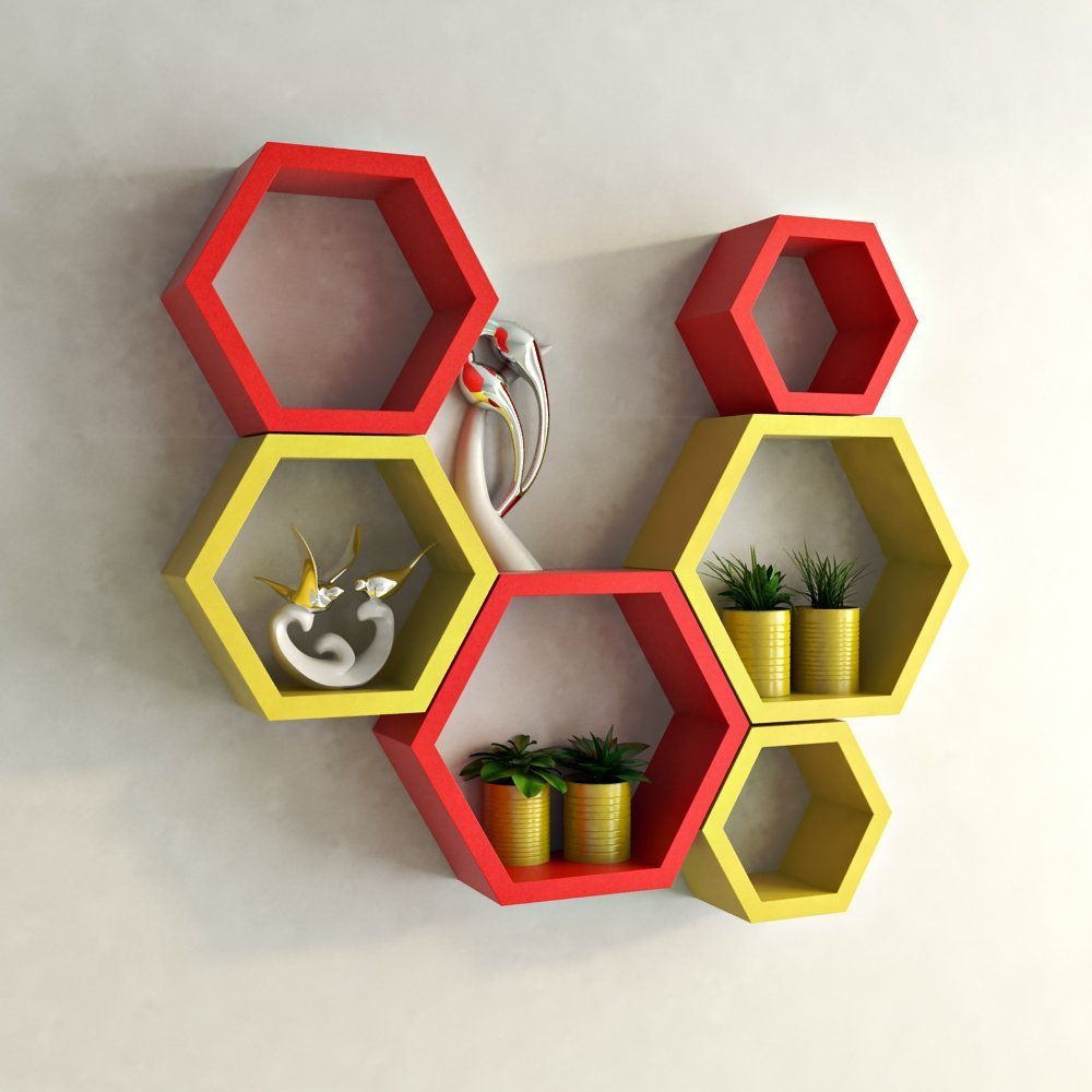 Set Of 6 Hexagon Wall Shelves for Storage & Display – Red & Yellow