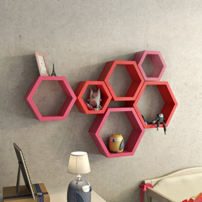 designer red pink hexagon wall shelves for home decor