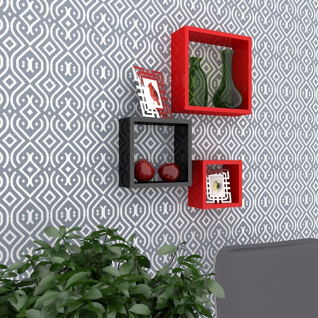 Set Of 3 Nesting Square Floating Wall Shelves for Storage & Display – Red & Black