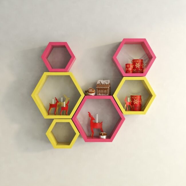 pink yellow hexagon wall racks for home decor