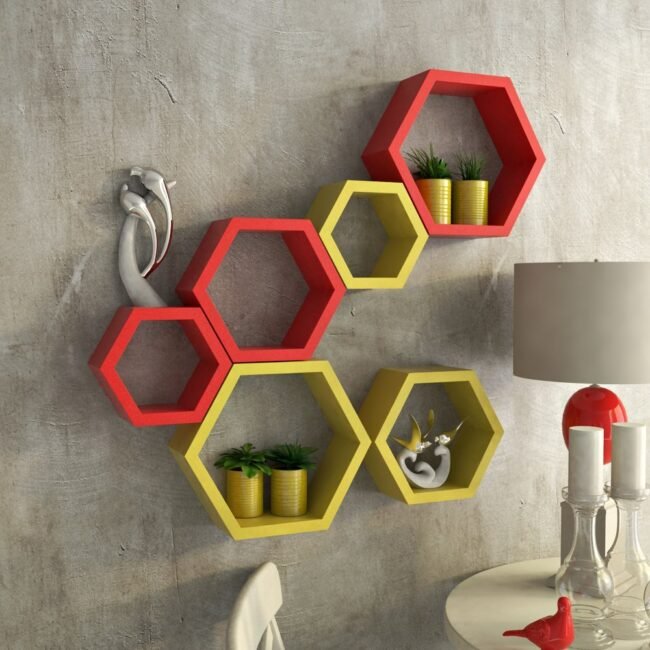 red yellow wall shelves for room decor