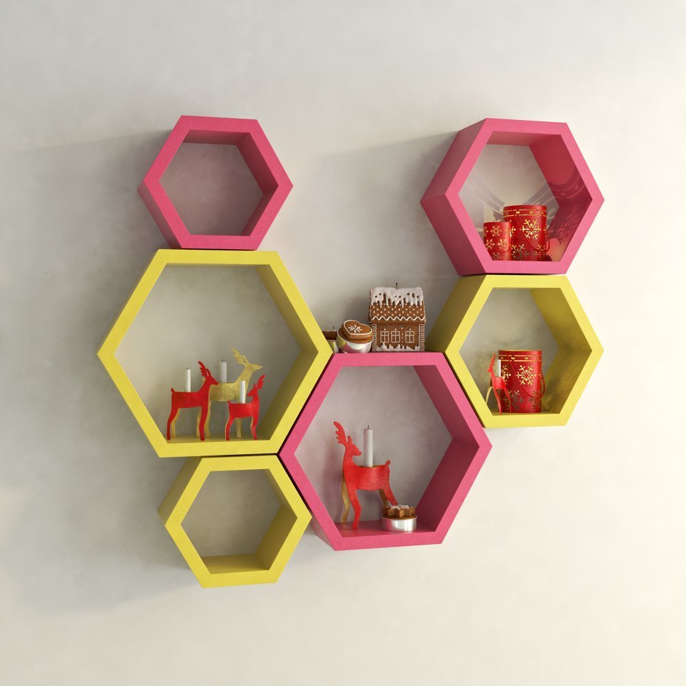 Set Of 6 Hexagon Wall Shelves for Storage & Display – Pink & Yellow