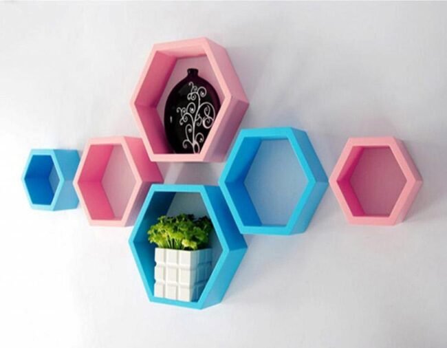 skyblue pink set of 6 hexagon wall racks