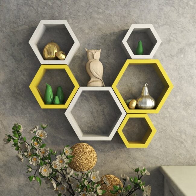 yellow white decornation hexagon wall racks for sale