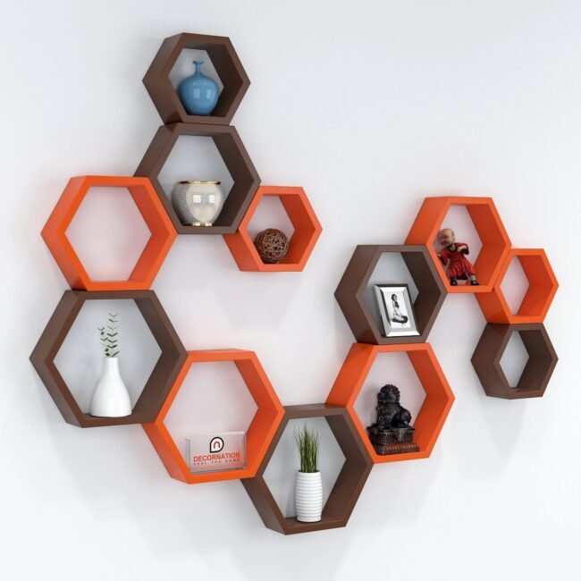 12 mounted hexagon wall shelves brown orange