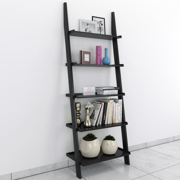 Jasper Leaning Wall Bookcase Ladder Shelf for Storage & Display – Black