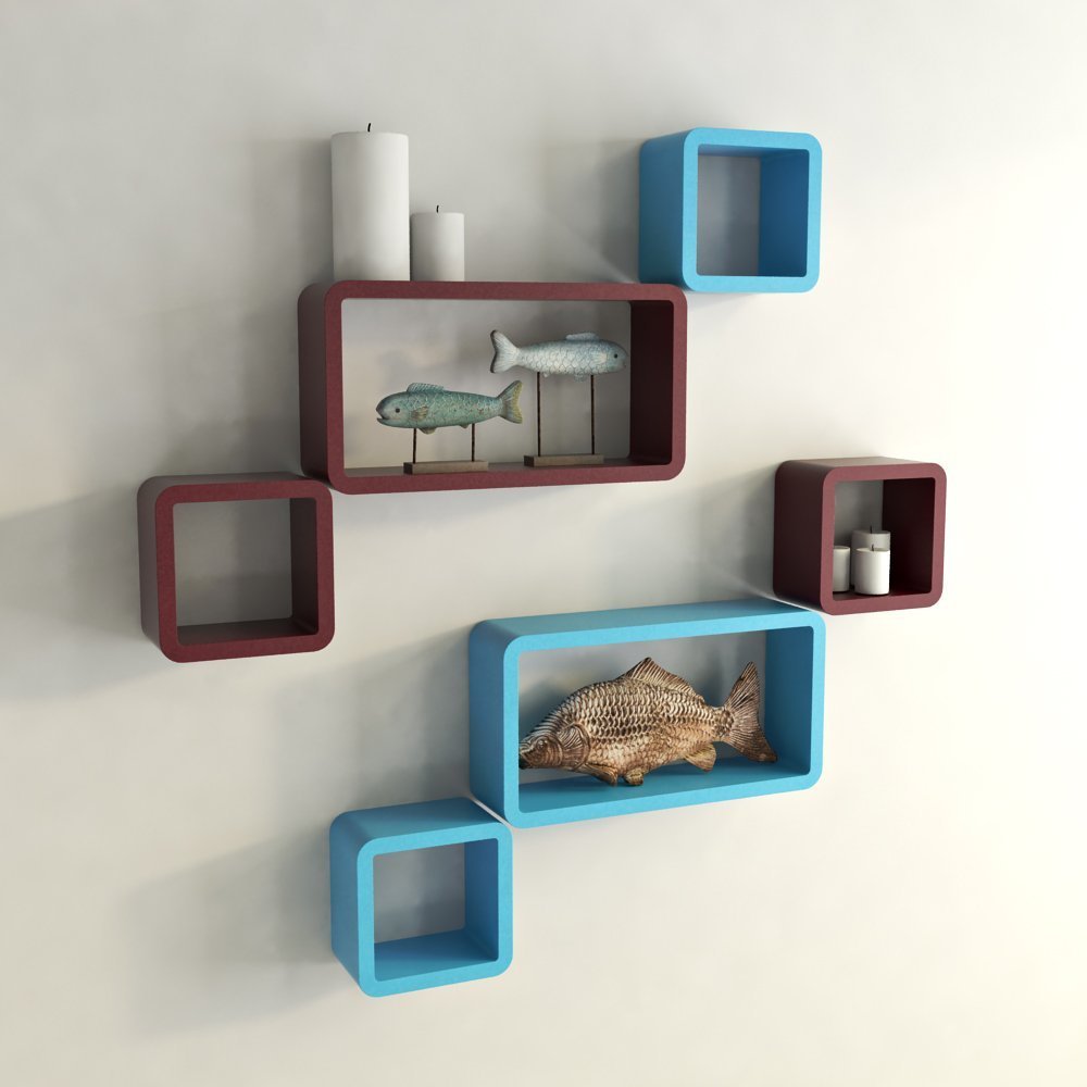 Set of 6 Cube Rectangle Wall Shelves for Storage & Display – Sky Blue & Maroon