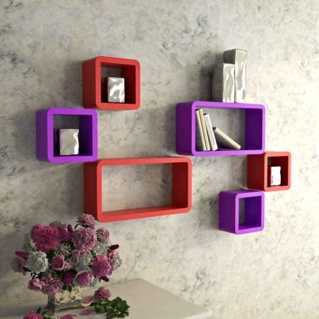 bedroom decor wall shelves red purple for storage