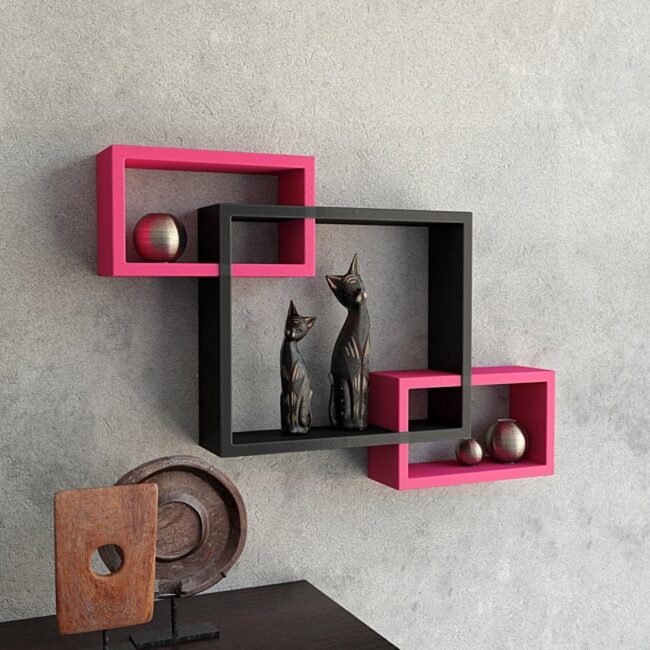 black pink floating intersecting wall racks