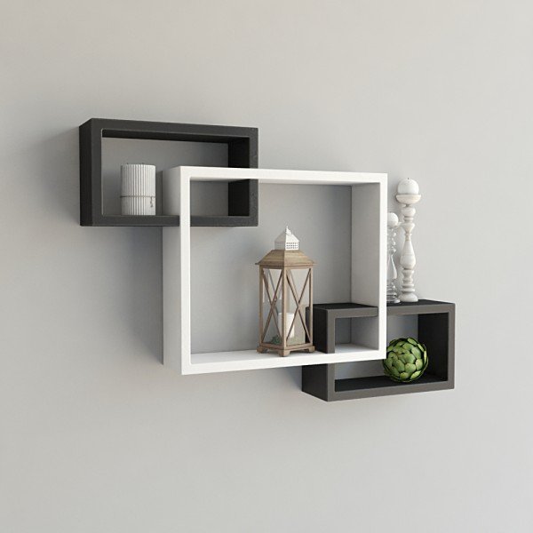 Set of 3 Rectangular Intersecting Floating Wall Shelves for Storage & Display – Black & White