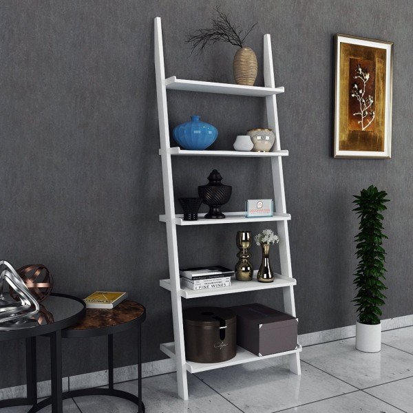 Jasper Leaning Wall Bookcase Ladder Shelf for Storage & Display – White