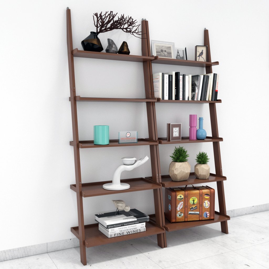 Jasper Leaning Wall Bookcase Set of 2 Ladder Shelf – Brown