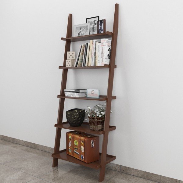 Jasper Leaning Wall Bookcase Ladder Shelf for Storage & Display – Brown