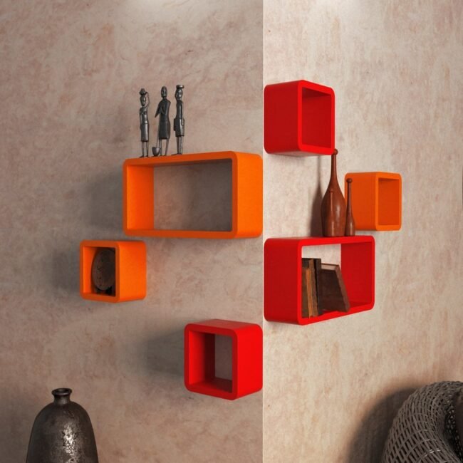 buy decorative livingroom wall shelves orange red