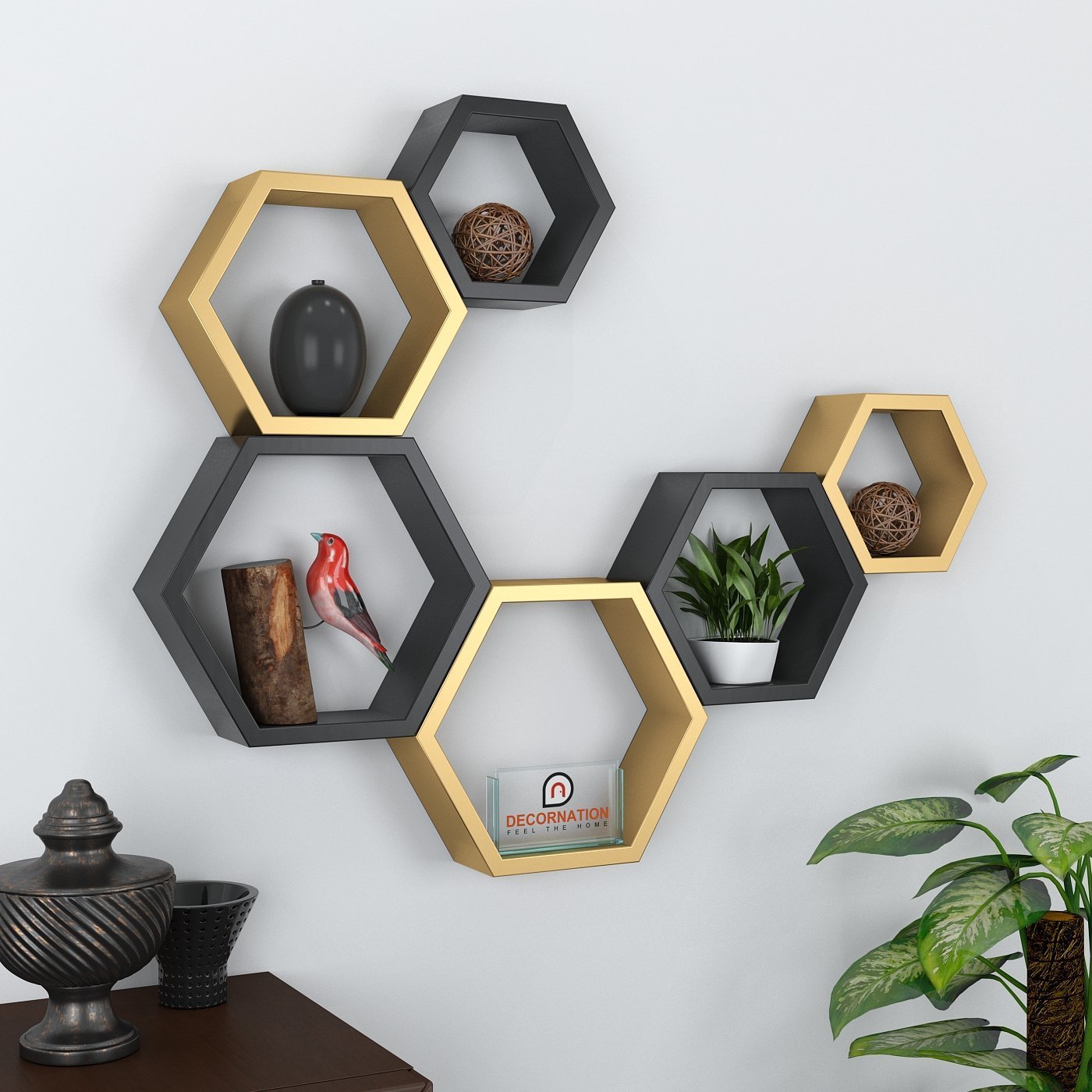 Set Of 6 Hexagon Wall Shelves for Storage & Display – Golden & Black