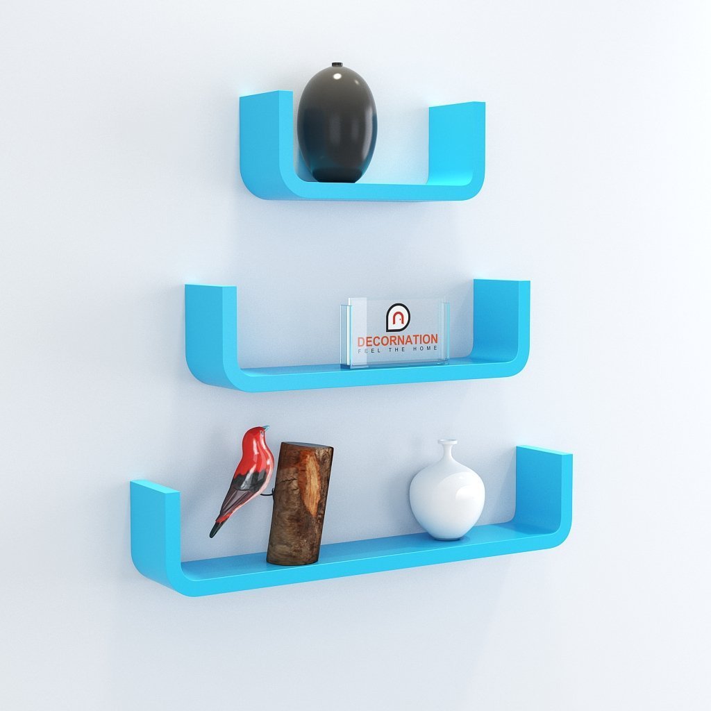 Set of 3 U Shape Round Corner Floating Wall Shelves for Storage & Display – Sky Blue