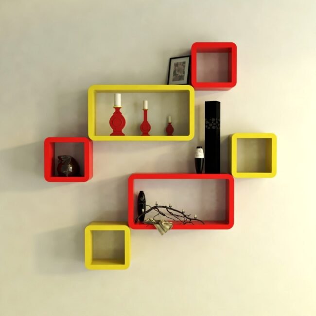 cube rectangle red yellow wall racks for storage and display