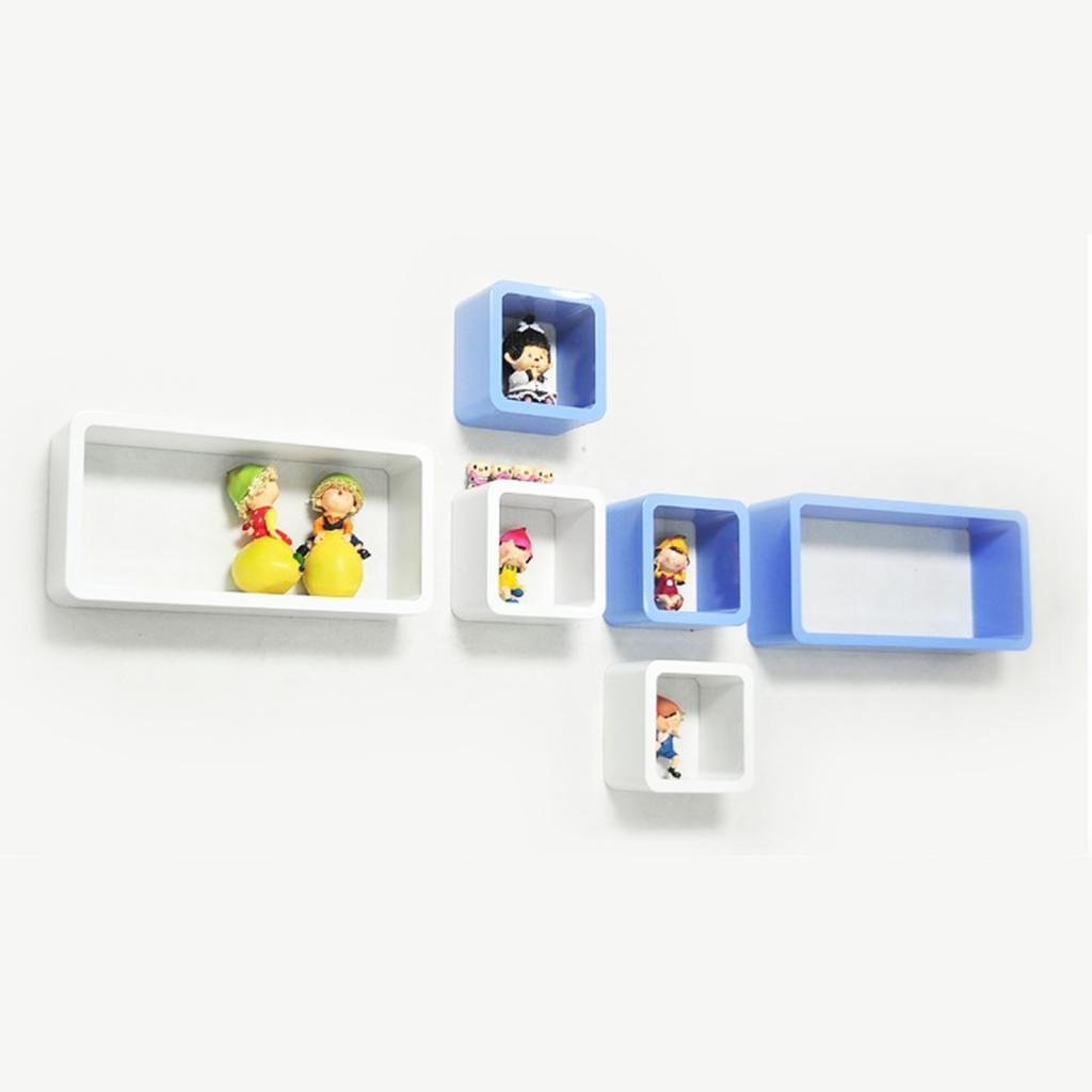 Set of 6 Cube Rectangle Wall Shelves for Storage & Display – White & Sky Blue