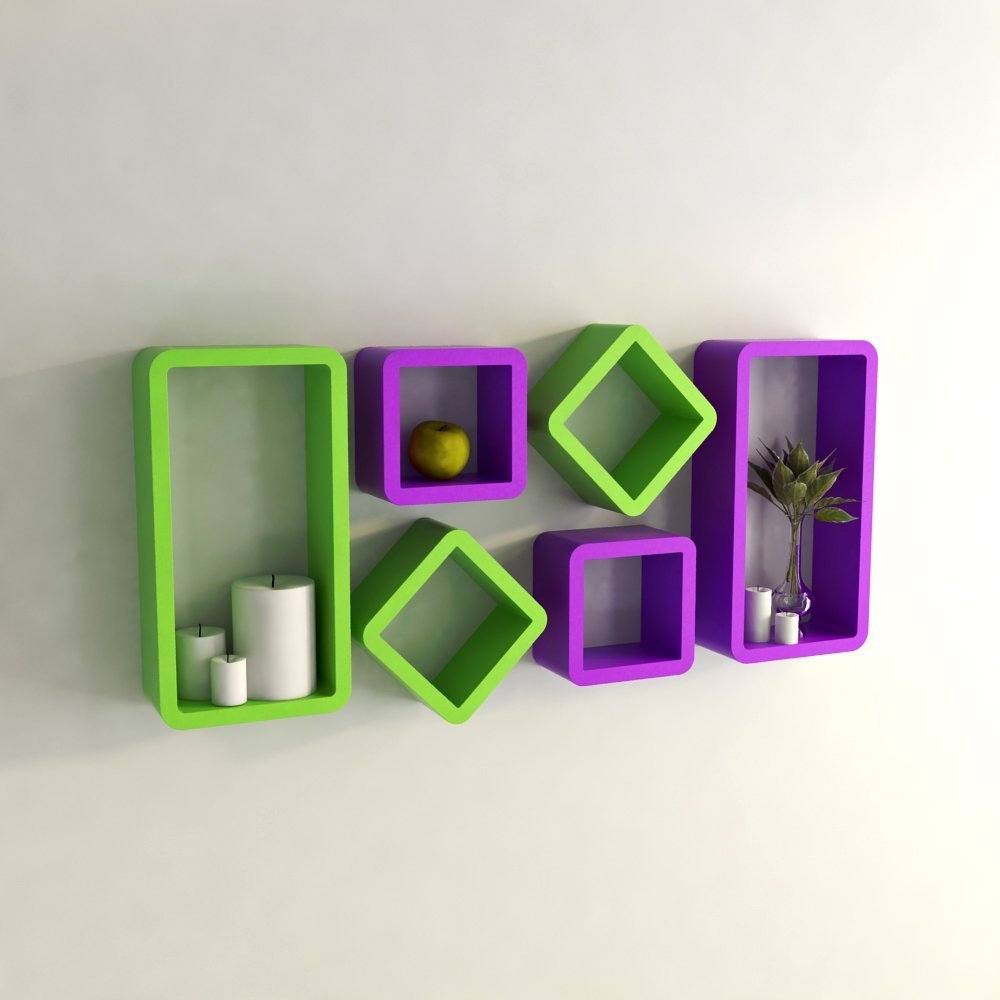 Set of 6 Cube Rectangle Wall Shelves for Storage & Display – Green & Purple