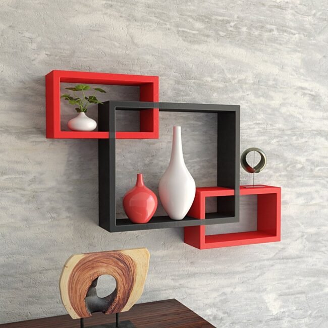 designer intersecting wall shelves for living room decor
