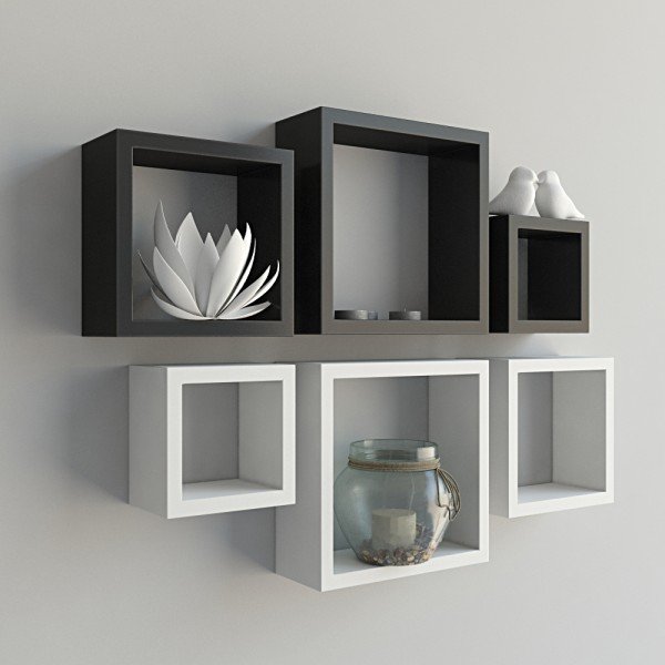 Set Of 6 Nesting Square Floating Wall Shelves for Storage & Display – Black & White