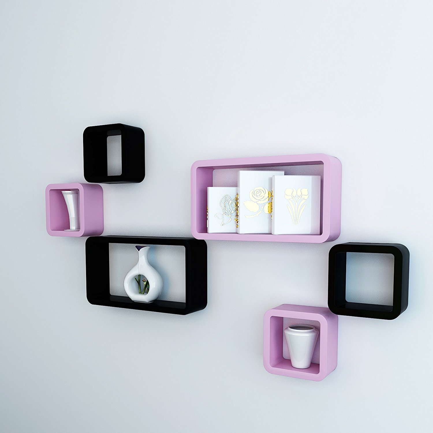 Set of 6 Cube Rectangle Wall Shelves for Storage & Display – Black & Pink