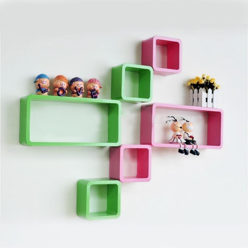 Set of 6 Cube Rectangle Wall Shelves for Storage & Display – Green & Pink