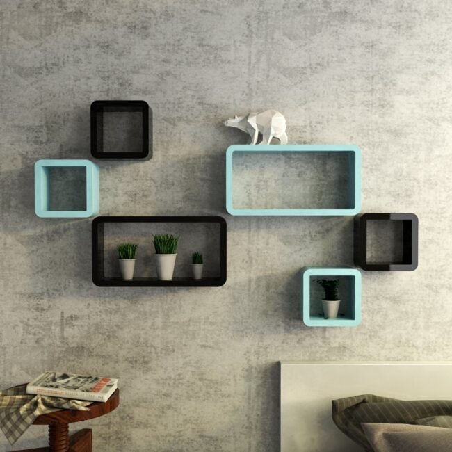 exclusive designer wall shelves in set of 3 black skyblue