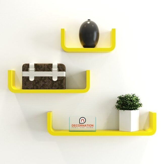 floating u shape round corner wall shelves yellow