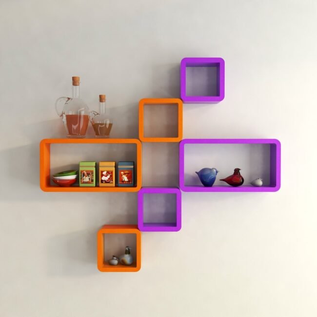 hexagon cube rectangle wall-decor shelves orange purple