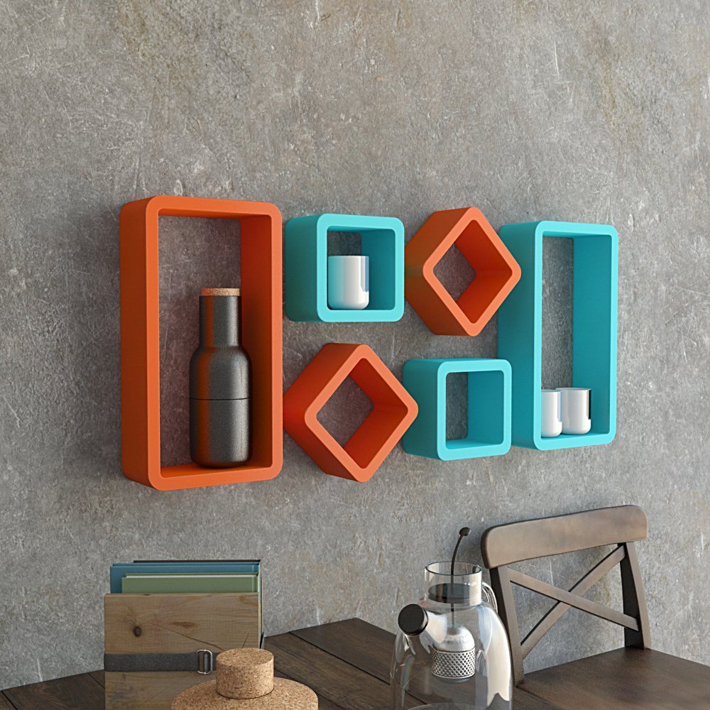 Set of 6 Cube Rectangle Wall Shelves for Storage & Display – Orange & Sky Blue