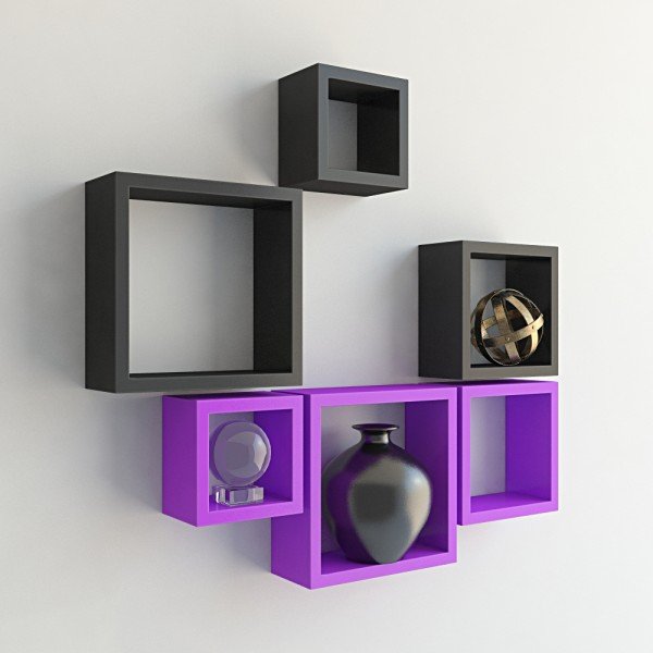 Set Of 6 Nesting Square Floating Wall Shelves for Storage & Display – Purple & Black