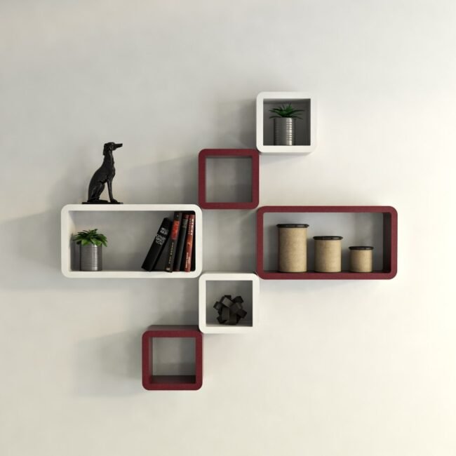 maroon white decorative wall shelves for storage