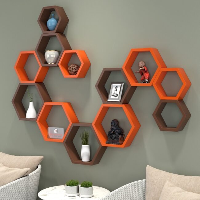 orange brown 12 hexagon shelves for home decor