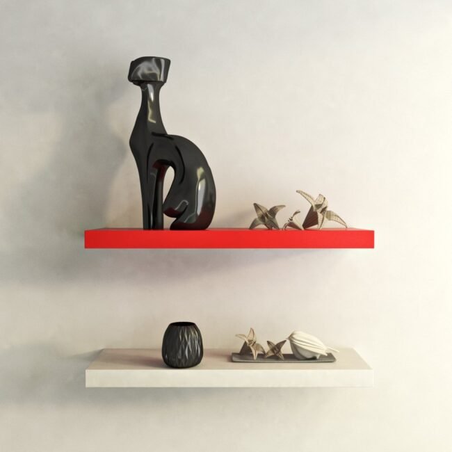 red and white mounted wall decor shelves