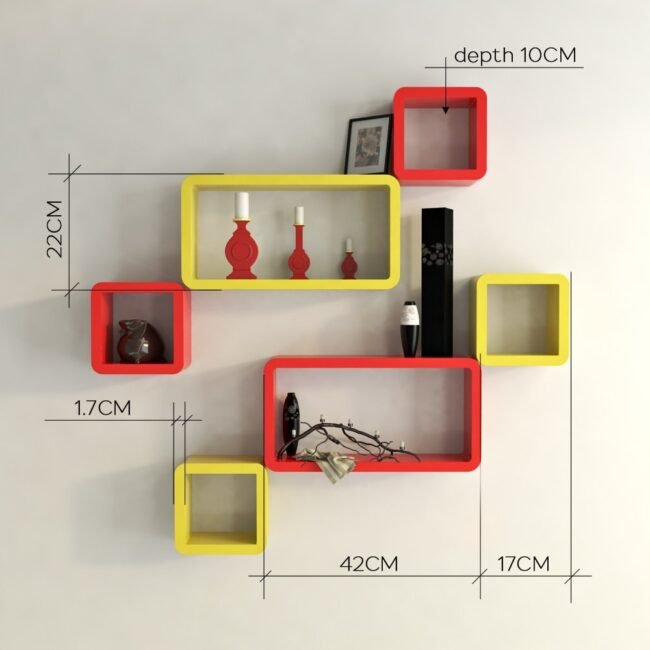 red yellow cube rectangle wall shelves for home decor