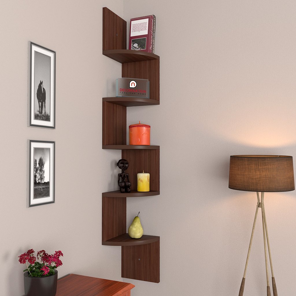 Corner Wall Mount Zigzag Wall Shelf for Storage & Display – Rich Walnut