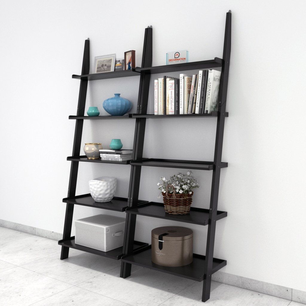 Jasper Leaning Wall Bookcase Set of 2 Ladder Shelf – Black