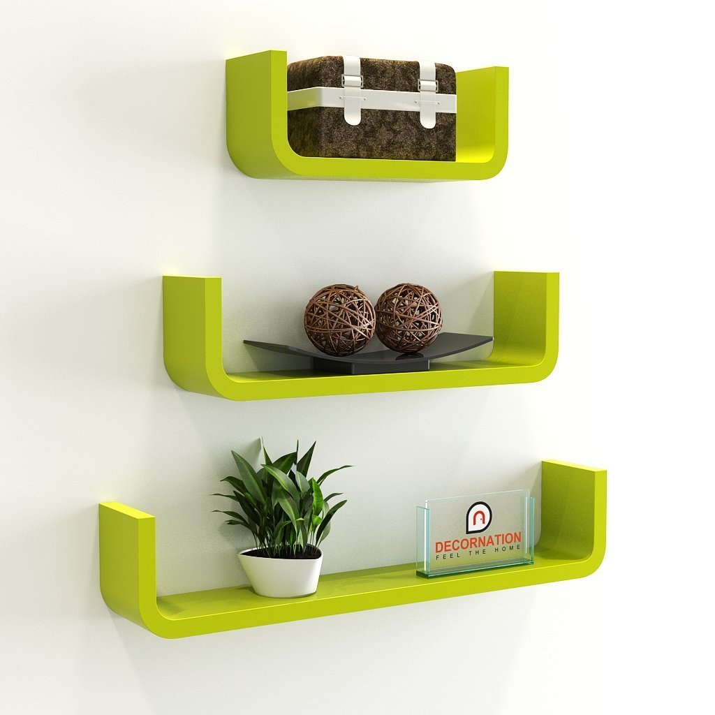 Set of 3 U Shape Round Corner Floating Wall Shelves for Storage & Display – Green