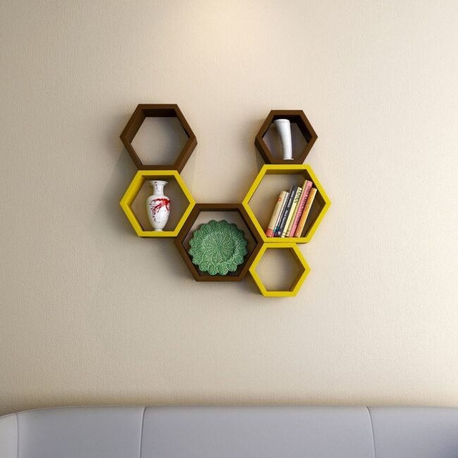 set of 6 brown yellow hexagon wall racks
