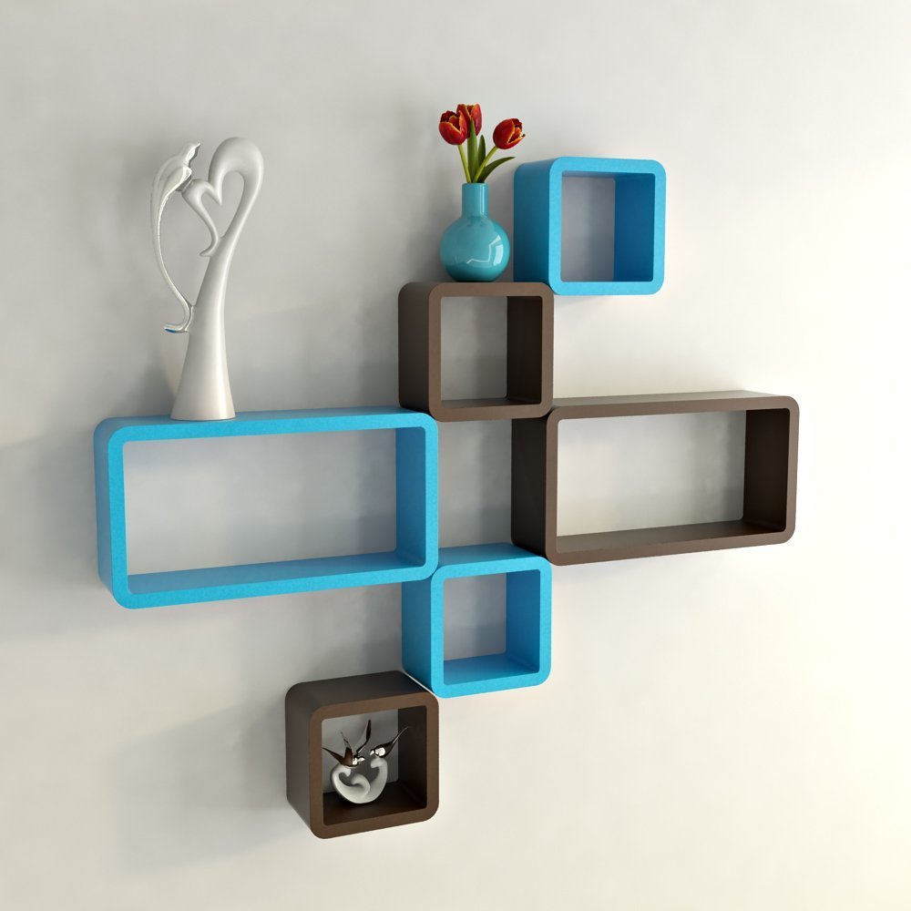 Set of 6 Cube Rectangle Wall Shelves for Storage & Display – Brown & Sky Blue