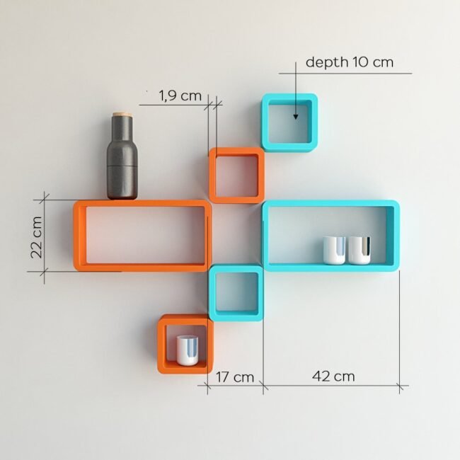 set of 6 decorative wall shelves orange skyblue