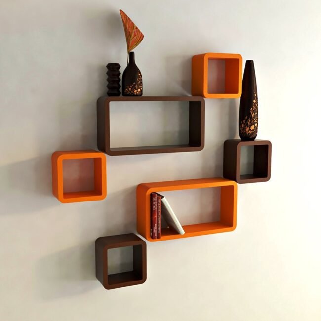 set of 6 orange brown wall mounted shelves