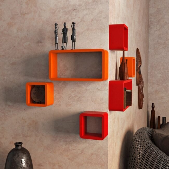 set of 6 orange red wall shelves for home decor