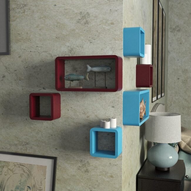 set of 6 skyblue maroon cube rectangle wall shelves for living room