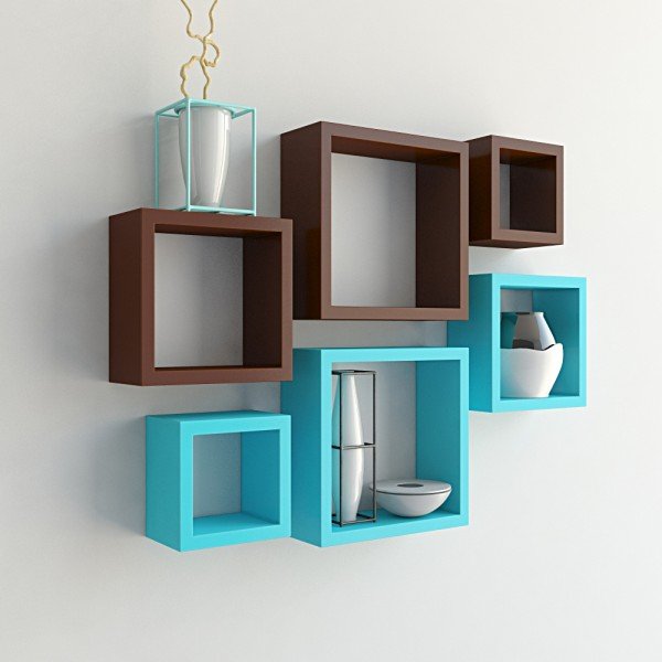 Set Of 6 Nesting Square Floating Wall Shelves for Storage & Display – Brown & Sky Blue